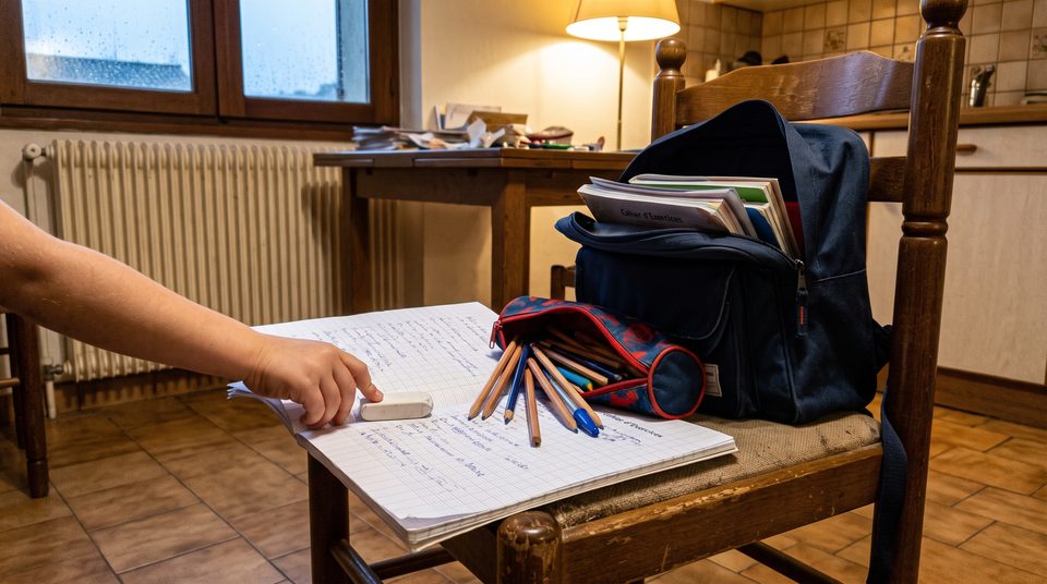 Cartable ouvert sur une chaise de cuisine, cahier et trousse posés à côté, petite main qui entre dans le cadre