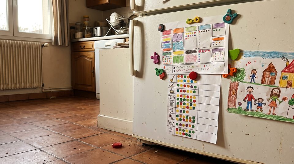 Planning familial aimanté sur la porte d'un réfrigérateur, à côté d'un tableau de tâches à gommettes