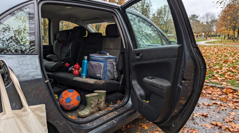 Sac de pique-nique et bottes sur la banquette arrière d'une voiture, prêts pour une sortie en famille